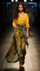 Fototapeta premium High fashion show with beautiful stylish young female models in fine casual colorful outfits