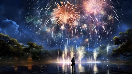 Fototapeta na wymiar a person standing in front of a lake with fireworks in the sky. generative ai