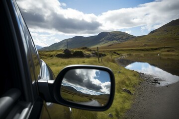 Fototapeta na wymiar Rear mirror displays breathtaking Ireland or Scotland scenery. Generative AI