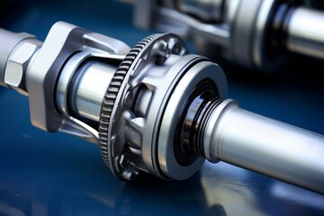 Closeup of a car drive shaft with cross joint and bearing support. Also known as universal joint. Truck transmission part. Generative AI