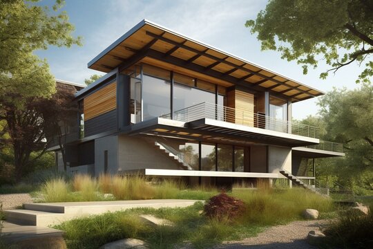 An eco-friendly house design focused on conserving energy and reducing environmental impact. Generative AI