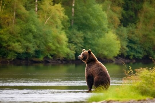 Forest bear standing near river. Generative AI