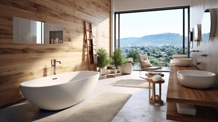 Fototapeta premium Spacious bathroom thanks to the full-wall window with perfect harmony of white tub and wood. Generative AI Technology 