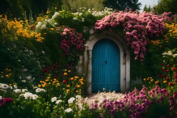  a vibrant garden with a doorway of blooming flowers