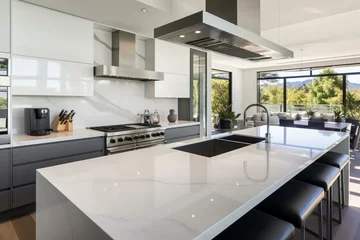 Fotobehang Stunning modern home, featuring spacious white kitchen with island and sleek grey countertops. Generative AI © Shiloh