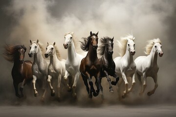 Horses in various gaits against a backdrop. Generative AI