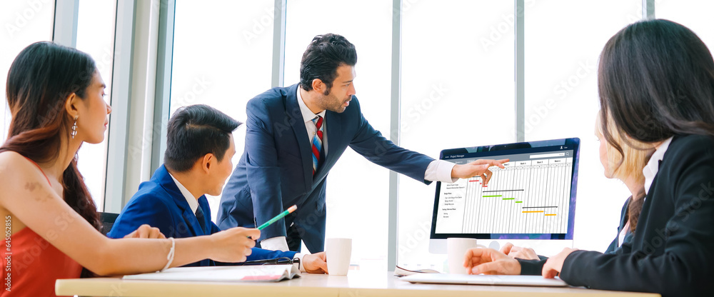 Poster project planning software for modish business project management on the computer screen showing time