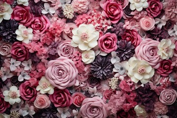 Vintage-style background with a wall adorned by artificial flowers. Generative AI