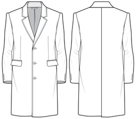 Men's topcoat notch lapel Blazer Jacket suit flat sketch fashion illustration technical drawing with front and back view, Long line overcoat blazer sketch