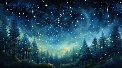  a painting of a night sky filled with stars and trees.  generative ai