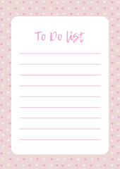 Cute check list, note with pink hearts. Printable to do, diary, page notebook, daily planner, notes and checklist. Ready for print