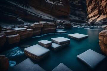 A series of floating stepping stones leading through a time-frozen canyon, indicating the midpoint of an epic time-traveling odyssey