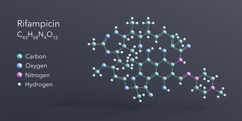 rifampicin molecule 3d rendering, flat molecular structure with chemical formula and atoms color coding