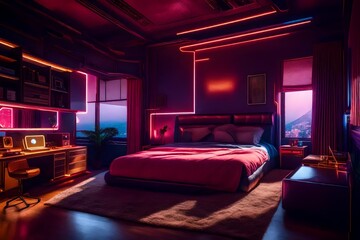bedroom where different eras coexist, blending vintage and futuristic element