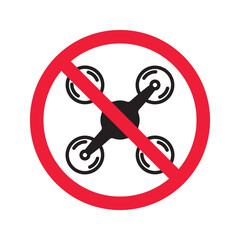 Prohibited drone vector icon. No flying drone icon. Forbidden drone icon. No drone zone vector sign. Warning, caution, attention, restriction, danger flat sign design symbol pictogram