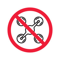 Prohibited drone vector icon. No flying drone icon. Forbidden drone icon. No drone zone vector sign. Warning, caution, attention, restriction, danger flat sign design symbol pictogram