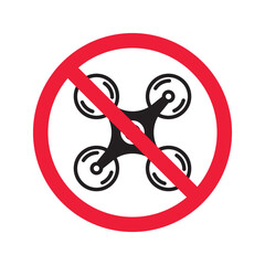 Prohibited drone vector icon. No flying drone icon. Forbidden drone icon. No drone zone vector sign. Warning, caution, attention, restriction, danger flat sign design symbol pictogram