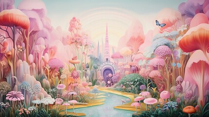  a painting of a garden with flowers and a river running through it.  generative ai
