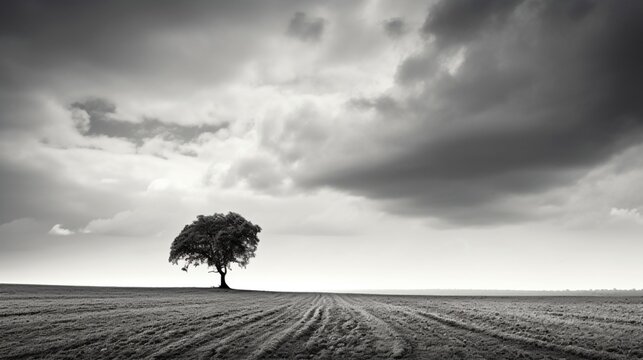 A solitary tree stands tall against a black and white horizon