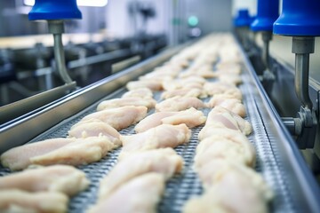 Conveyor belt food - chicken fillet production line. Modern poultry processing plant. Generative AI