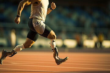 Parasport. man para athlete on prosthetic leg running track stadium, para athletics championships