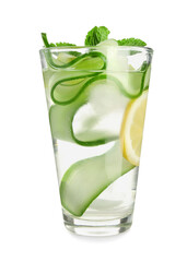 Glass of lemonade with cucumber and mint on white background