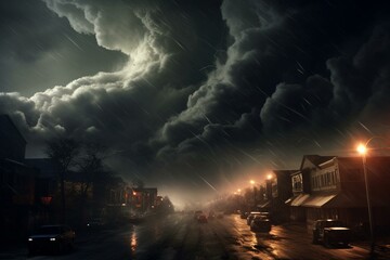 Tornado, lightning, hail, big city, street. Generative AI