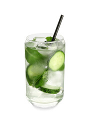 Glass of lemonade with cucumber on white background