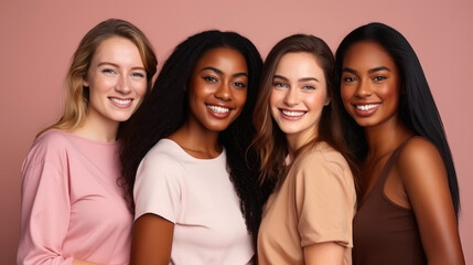 Portrait of young multiracial women standing together and smiling. Generative AI