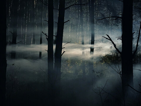 foggy and dark woods at night, mystery forest. Magical saturated foggy forest trees landscape.