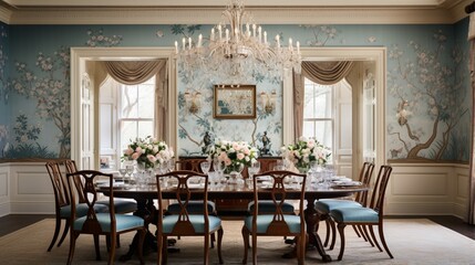 A traditional dining room with a crystal chandelier and Traditional Floral Wallpaper, perfect for formal occasions