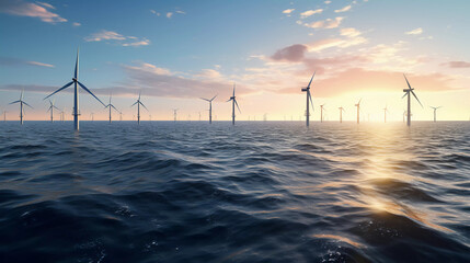 sunset of a windpark in the ocean - obrazy, fototapety, plakaty