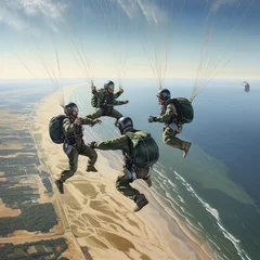 Tuinposter Four Parachutists Holding Hands in Midair © burak