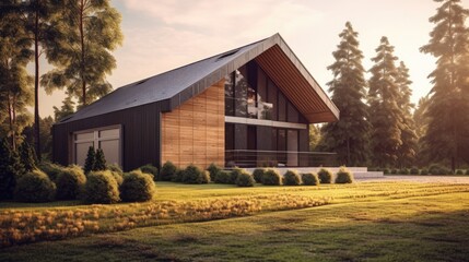 Obraz premium Peaceful house middle of the forest. Far away the city noise. Where you can live with your family safety and love. Generative AI Technology 