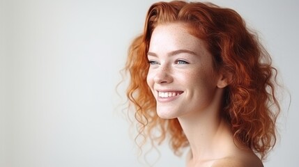 Naklejka premium Smiling beautiful woman with freckles, looking away. Generative AI