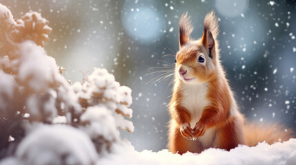 Closeup of a cute squirrel in the snow. Winter wild life.