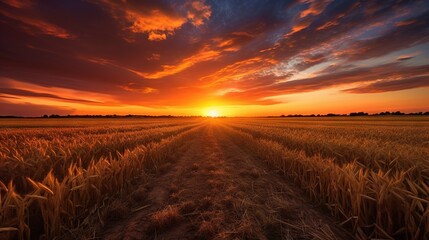  a sunset over a wheat field with the sun setting in the distance.  generative ai