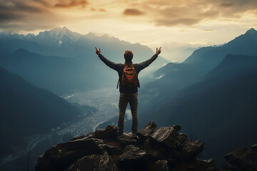 Panoramic image of man in ornage standing victorious on mountain top