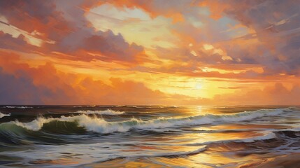 a painting of a sunset over a body of water with waves.  generative ai
