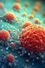 Obraz premium Cancer Cells Molecule Growth Divide Epidemic On Host Microbiology Microscope 3d generative ai