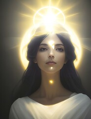 A painting of a person with a halo of light around their head, surrounded by a shadowy aura, illustrating the contrast between light and dark within.