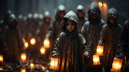 Fototapeta premium Several scary and mysterious children carrying candle lit lanterns at night - generative AI.