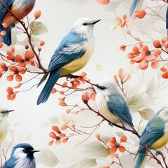 Photo of a beautiful watercolor seamless repeating pattern of birds on branches