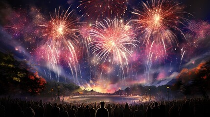  a fireworks display in the night sky with people watching it.  generative ai