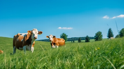 Fototapeta premium cows on the background of sky and green grass.generative ai