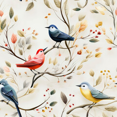 Photo of a beautiful watercolor seamless repeating pattern of birds on branches