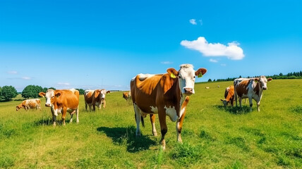 Fototapeta premium cows on the background of sky and green grass.generative ai