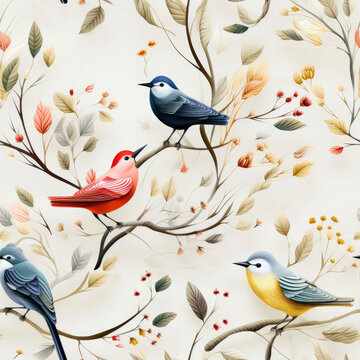 Photo of a beautiful watercolor seamless repeating pattern of birds on branches