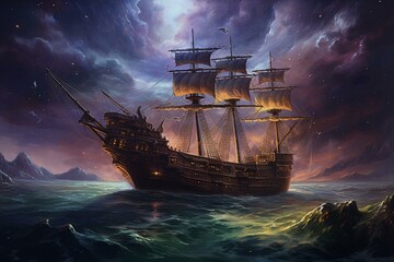 An oil painting of a pirate ship flying over a starry sky, depicting a dreamlike fairy tale scene reminiscent of Peter Pan. Generative AI - obrazy, fototapety, plakaty