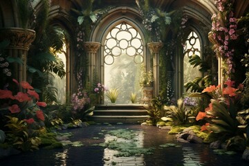 Fototapeta na wymiar Beautiful mythical indoor garden filled with lush plants and flowers. Awe-inspiring 3D art. Generative AI